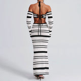 Striped Halter Off Shoulder Crop Knot Top and Open Knit Skirt Matching Set