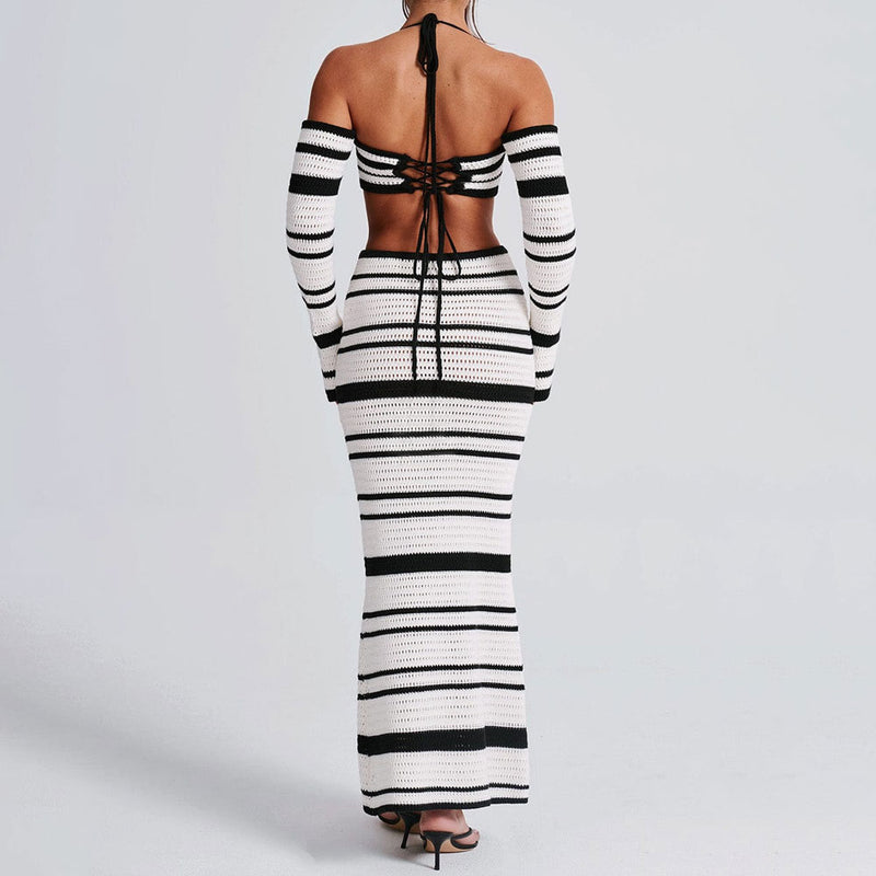 Striped Halter Off Shoulder Crop Knot Top and Open Knit Skirt Matching Set