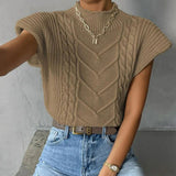 Stylish Solid Roll Trim Mock Neck Cap Sleeve Fisherman Cable Knit Sweater Vest