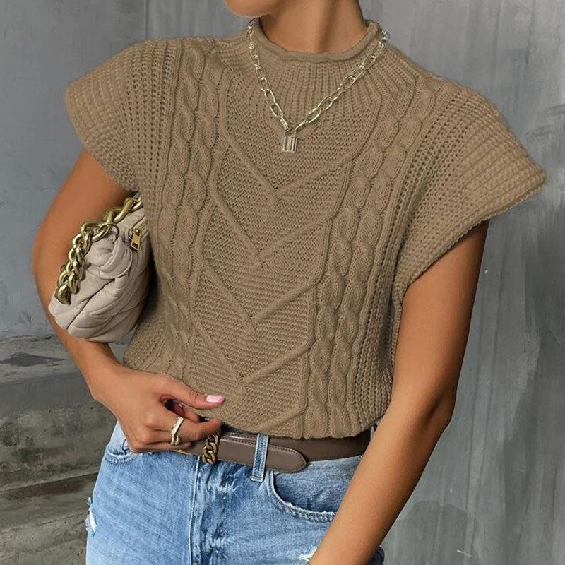 Stylish Solid Roll Trim Mock Neck Cap Sleeve Fisherman Cable Knit Sweater Vest