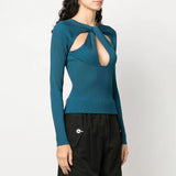 Stylish Twist Neck Long Sleeve Slim Fit Rib Knit Pullover Cutout Sweater