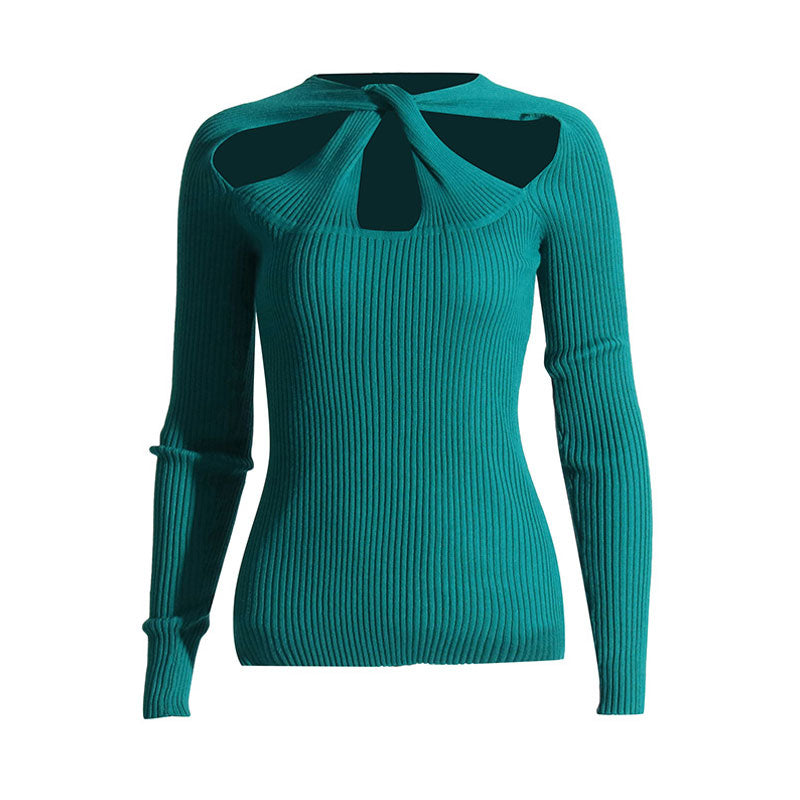 Stylish Twist Neck Long Sleeve Slim Fit Rib Knit Pullover Cutout Sweater
