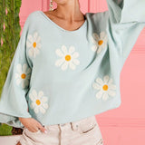 Summer Floral Embroidered Bell Sleeve Oversized Pullover Knit Sweater