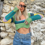 Summer Scalloped Trim Color Block Long Sleeve Crochet Knit Crop Sweater
