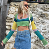 Summer Scalloped Trim Color Block Long Sleeve Crochet Knit Crop Sweater