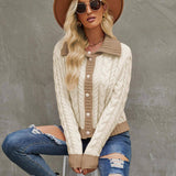 Sweet Contrast Color Collared Button Front Fisherman Cable Knit Oversized Cardigan