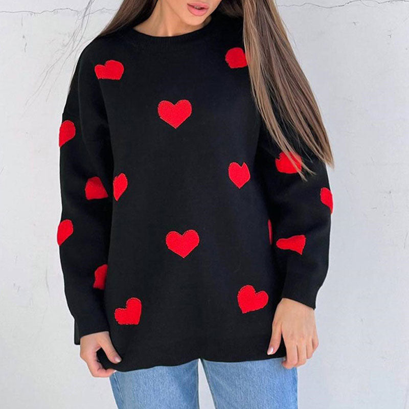Sweet Heart Embroidery Drop Shoulder Crew Neck Oversized Pullover Sweater