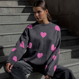 Sweet Heart Embroidery Drop Shoulder Crew Neck Oversized Pullover Sweater