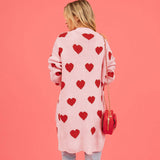Sweet Love Pattern Collarless Long Sleeve Pocket Detail Open Front Knit Cardigan