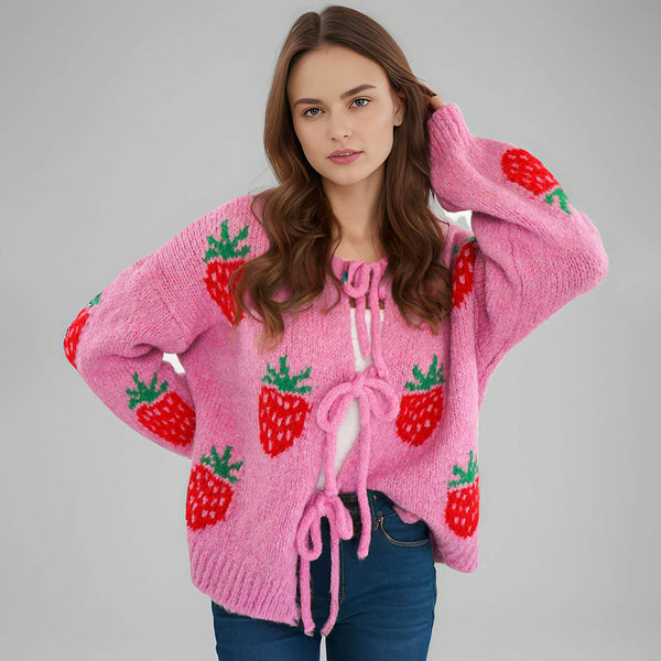 Sweet Strawberry Drop Shoulder Blouson Sleeve Oversized Bow Tie Cardigan