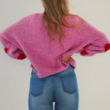 Sweet Strawberry Drop Shoulder Blouson Sleeve Oversized Bow Tie Cardigan