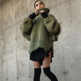 Unique Chunky Rib Knit Turtleneck Layered Long Sleeve Side Split Oversized Sweater