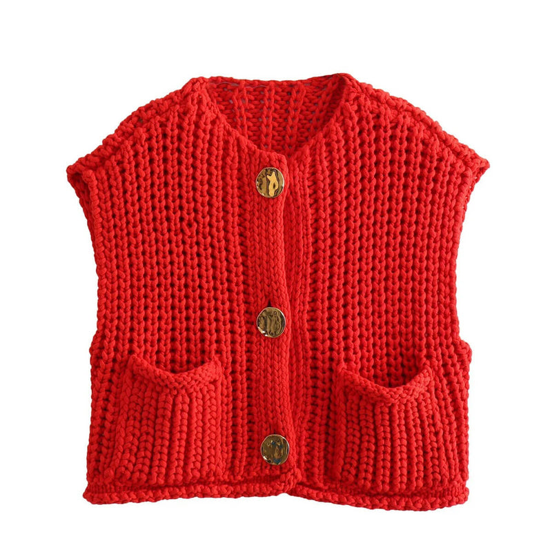 Versatile Crew Neck Button Up Pocketed Crop Chunky Yarn Crochet Knit Vest