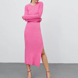 Versatile Crew Neck Long Sleeve Split Sheath Ribbed Knit Sweater Midi Dress