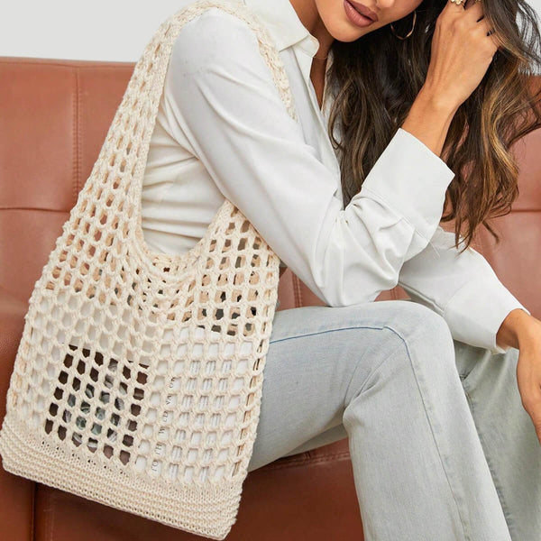 Versatile Fishnet Openwork Beach Vacation Soft Crochet Knit Tote Bag