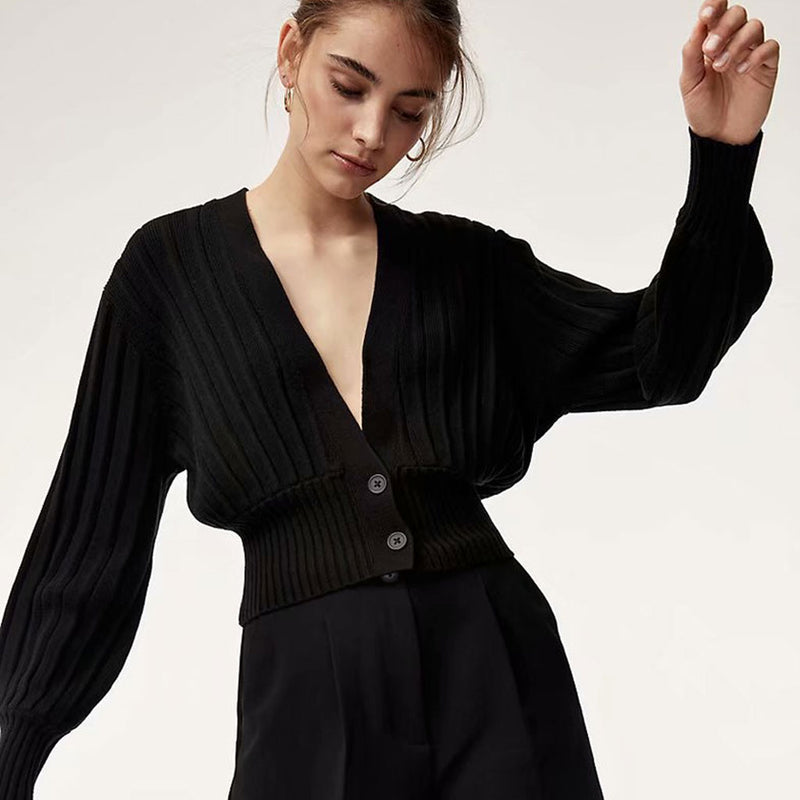 Versatile Plunge Button Up Long Sleeve Ribbed Knit Oversized Crop Cardigan