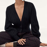 Versatile Plunge Button Up Long Sleeve Ribbed Knit Oversized Crop Cardigan