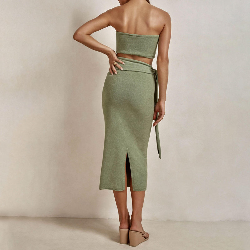 Versatile Strapless Cutout Tie Waist Bodycon Summer Sweater Midi Dress