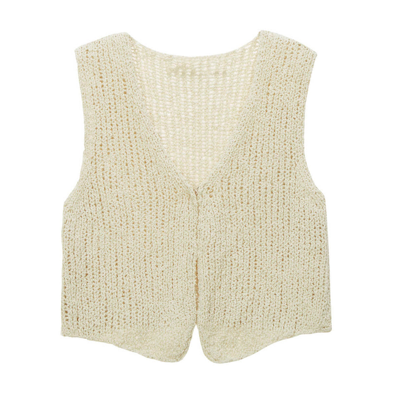 Versatile V Neck One Button Split Summer Crochet Open Knit Sweater Vest