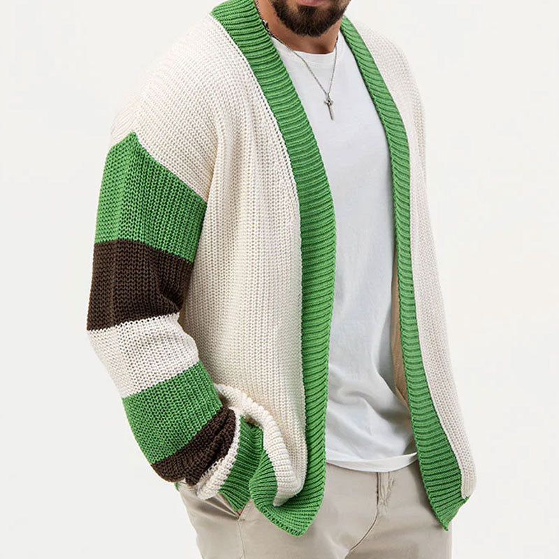 Vibrant Open Front Color Panel Long Sleeve Men Rib Knit Cardigan