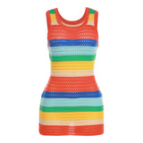 Vibrant Rainbow Stripe Scoop Neck Openwork Crochet Knit Mini Tank Dress
