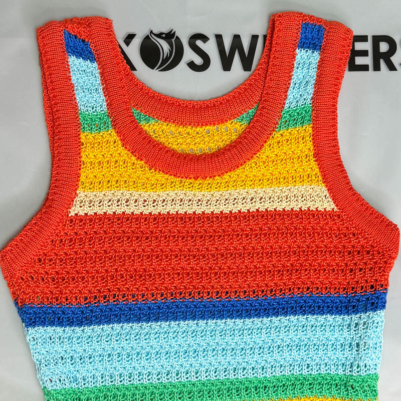 Vibrant Rainbow Stripe Scoop Neck Openwork Crochet Knit Mini Tank Dress