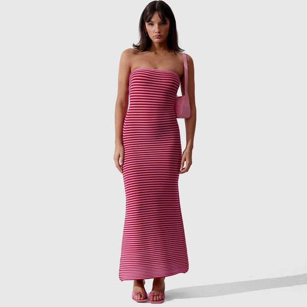 Vintage 70s Strapless Contrast Stripe Summer Vacation Knit Maxi Dress