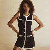 Vintage Black and White Crew Neck Summer Button Up Knit Tank Dress