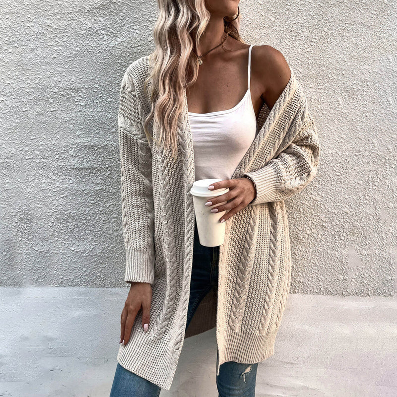Vintage Collarless Open Front Drop Shoulder Long Sleeve Elongated Cable Knit Cardigan