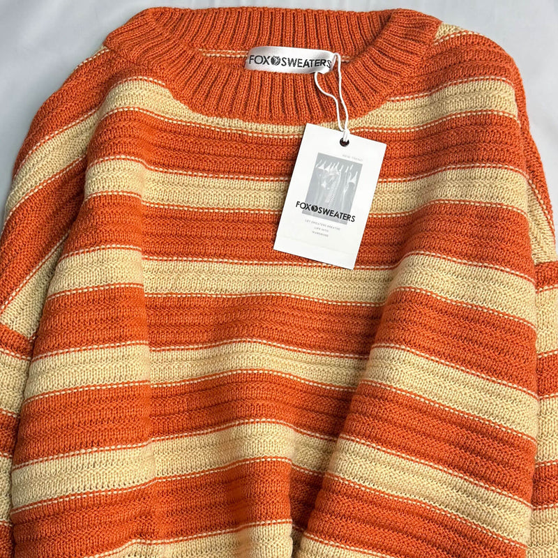 Vintage Crew Neck Bishop Sleeve Pointelle Knit Contrast Stripe Oversized Sweater