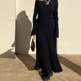 Vintage Crew Neck Long Sleeve Chunky Rib Knit Back Tie Winter Sweater Maxi Dress