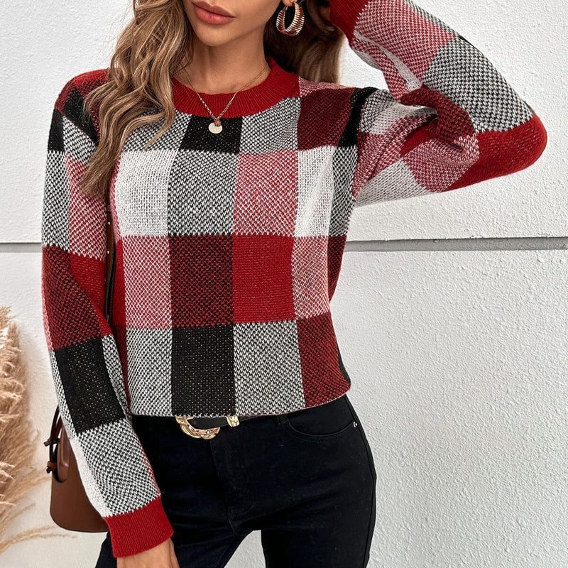 Vintage Crew Neck Long Sleeve Marled Knit Color Panel Plaid Christmas Sweater