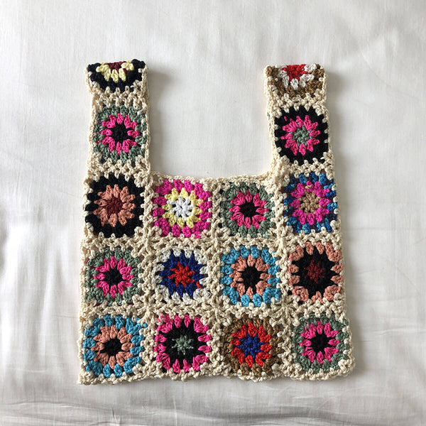 Vintage Floral Granny Square Handmade Openwork Crochet Knit Tote Bag