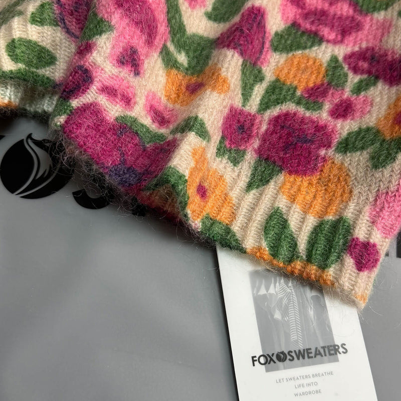 Vintage Floral Print Crew Neck Long Sleeve Wool Blend Oversized Sweater