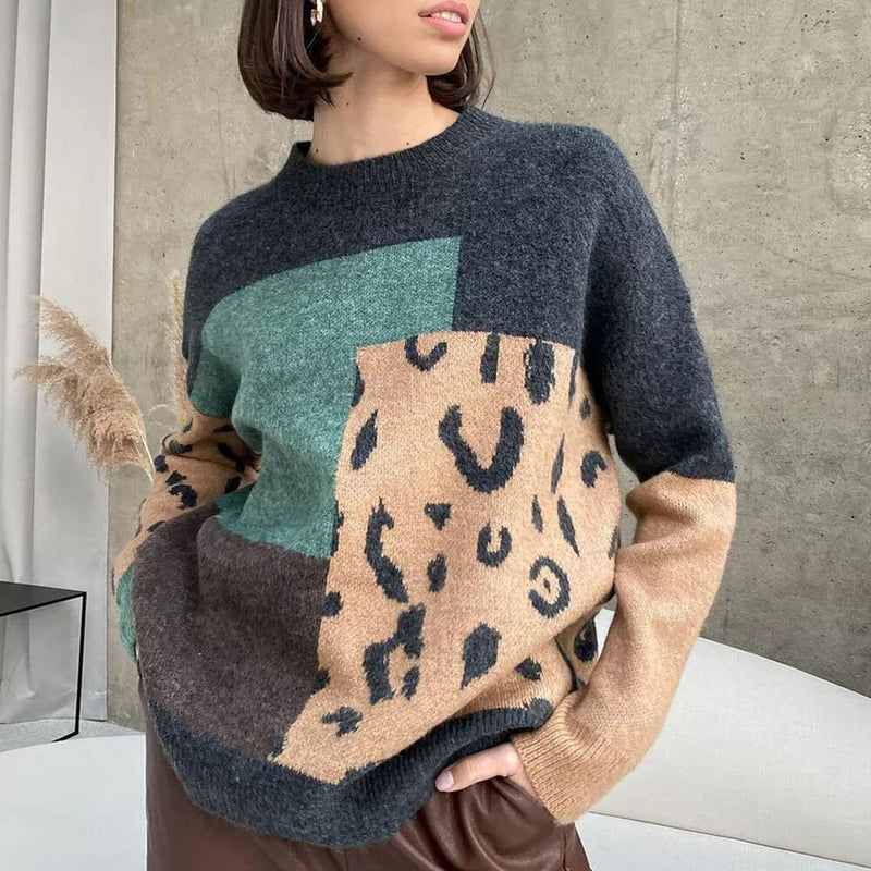 Vintage Leopard Patchwork Ribbed Knit Crew Neck Long Sleeve Oversized Sweater