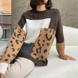 Vintage Leopard Patchwork Ribbed Knit Crew Neck Long Sleeve Oversized Sweater