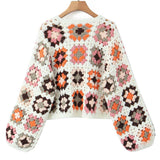 Vintage Open Front Long Sleeve Cropped Crochet Knit Granny Square Cardigan