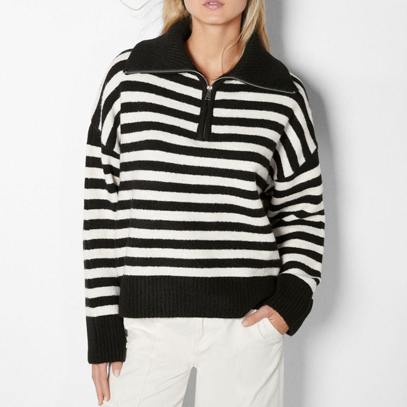 Vintage Rib Knit Oversized Collared Half Zip Up Long Sleeve Black and White Striped Sweater