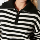 Vintage Rib Knit Oversized Collared Half Zip Up Long Sleeve Black and White Striped Sweater