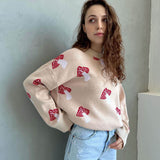 Vintage Round Neck Drop Shoulder Oversized Mushroom Intarsia Knit Pullover Sweater