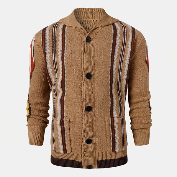 Vintage Striped Jacquard Shawl Collar Button Front Pocket Winter Men Cardigan