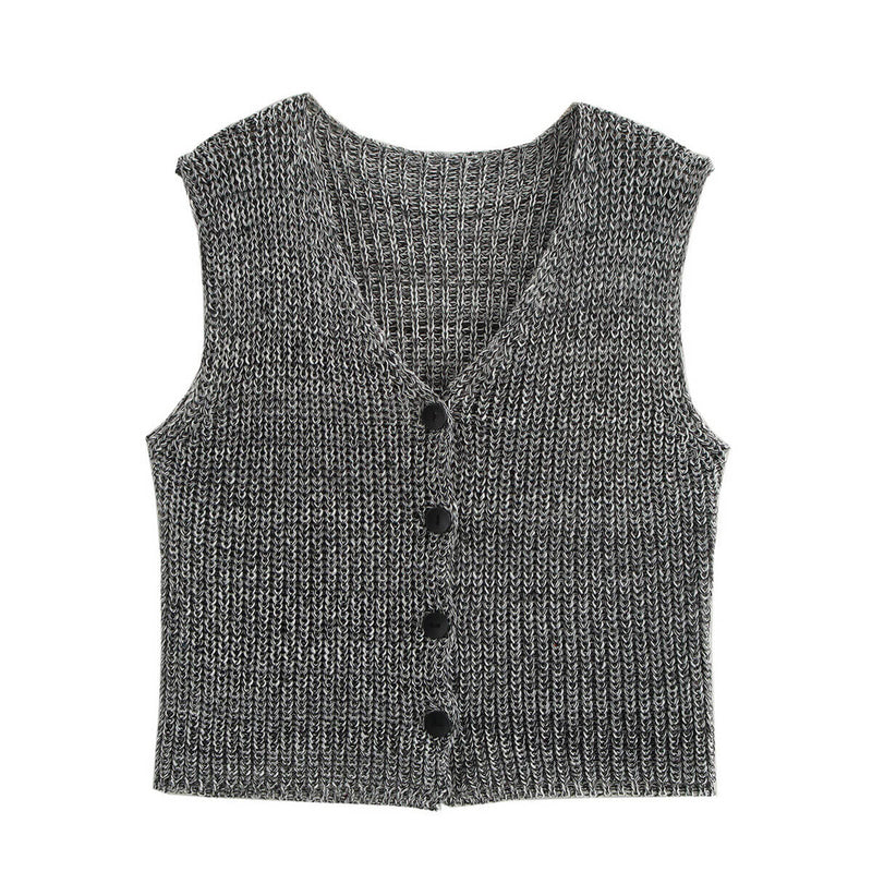 Vintage Style V Neck Button Down Cropped Texture Marl Knit Vest