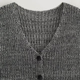 Vintage Style V Neck Button Down Cropped Texture Marl Knit Vest