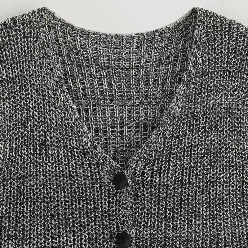 Vintage Style V Neck Button Down Cropped Texture Marl Knit Vest