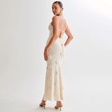 Vintage V Neck Spaghetti Strap Tie Backless Rosette Crochet Knit Maxi Dress