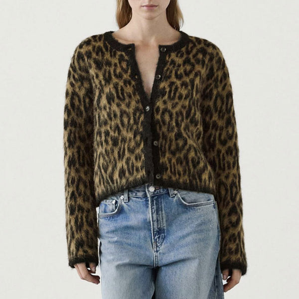 Wild Crew Neck Button Up Long Sleeve Leopard Print Brushed Knit Cardigan