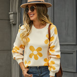 Winter Cute Floral Jacquard Crewneck Drop Shoulder Pullover Sweater