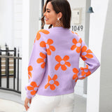 Winter Cute Floral Jacquard Crewneck Drop Shoulder Pullover Sweater