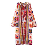 Vintage Hooded Long Sleeve Multicolored Crochet Granny Square Cardigan
