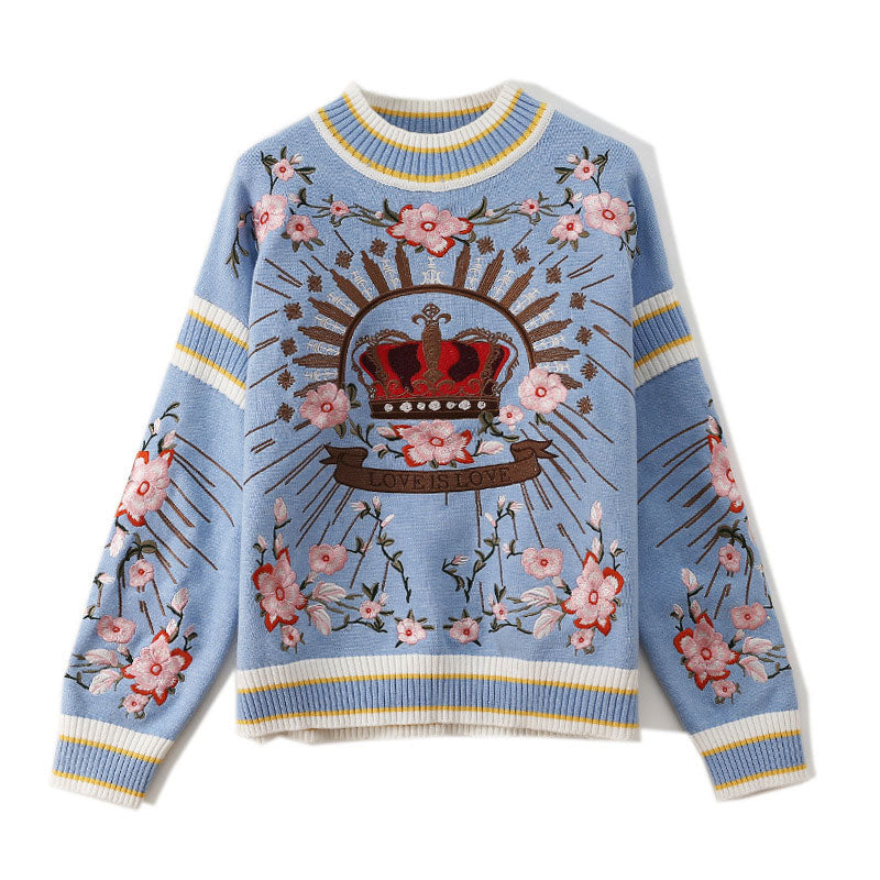 Cute Blue Floral Crown Embroidered Crew Neck Drop Shoulder Pullover Sweater